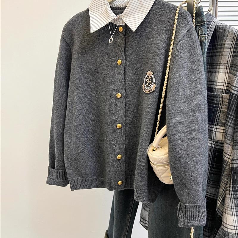 学院风假两件灰色毛衣女秋冬季内搭打底衫上衣polo衬衫领针织开衫