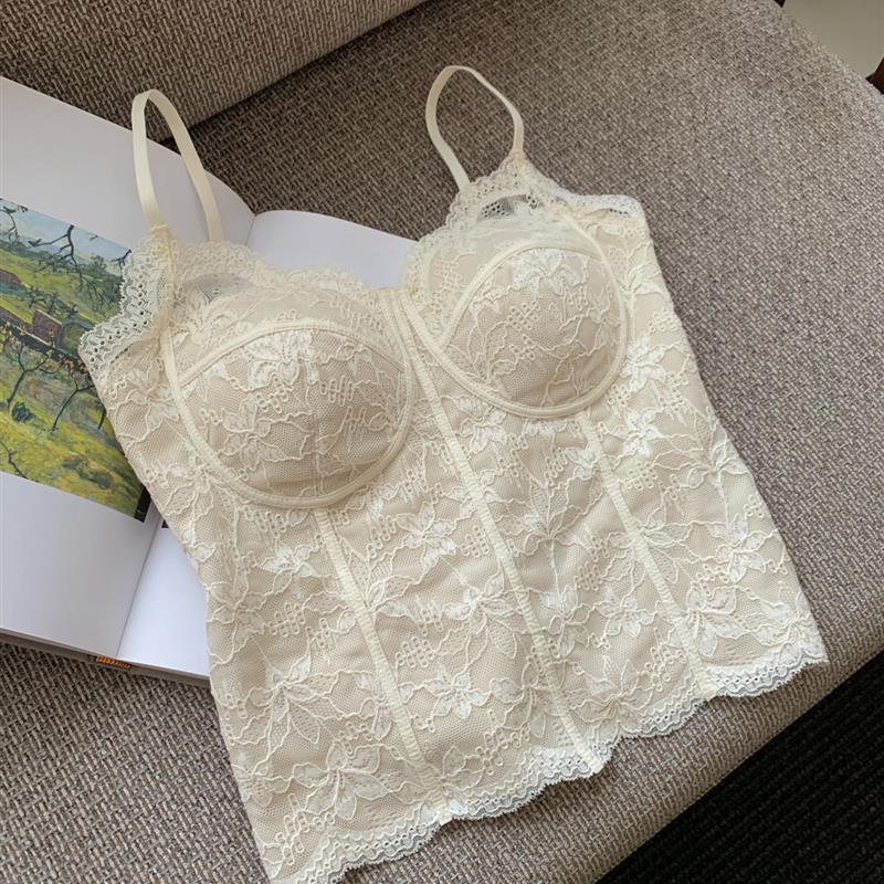 6100法式蕾丝马甲线吊带女内搭小胸厚杯一体聚拢打底性感美背心暖