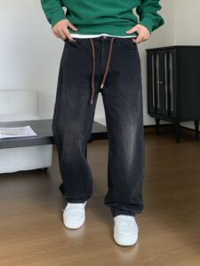 DI秋季新款男士宽松直筒牛仔裤潮流痞帅抽绳水洗弯刀裤男装长裤子
