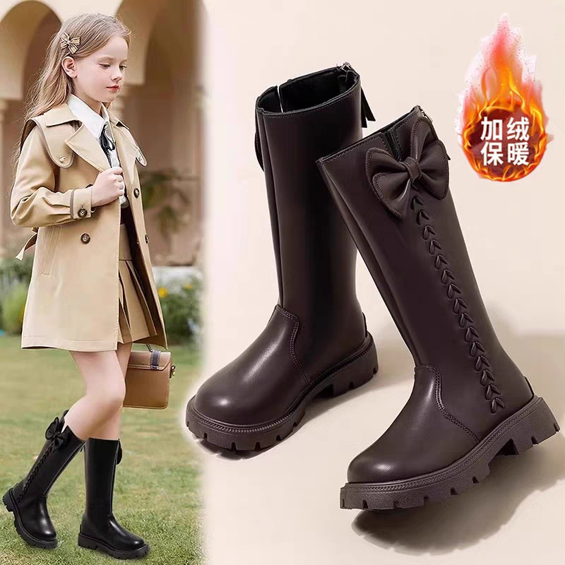 真皮女童英伦长筒靴蝴蝶结公主靴