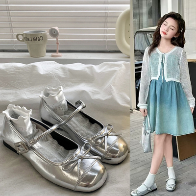 真皮女童银色芭蕾风玛丽珍单鞋软