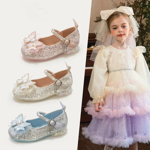 女童艾莎公主鞋真皮软底水晶鞋软