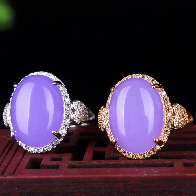 天然老坑冰种A货翡翠紫罗兰鸽子蛋面戒指925银女款镶嵌活口指环