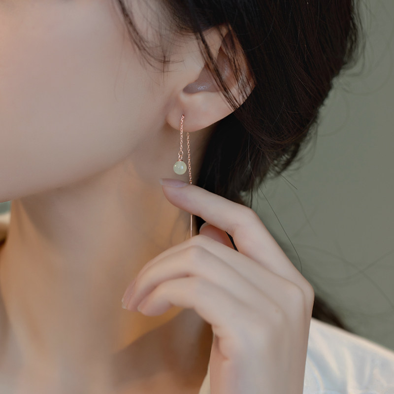 【秋冬特惠】和田玉耳线999纯银耳环女气质耳钉简约耳坠短款耳饰