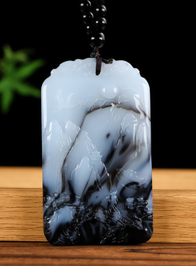 天然和田玉青花玉山水牌手把件大好河山大号平安牌挂件把玩件