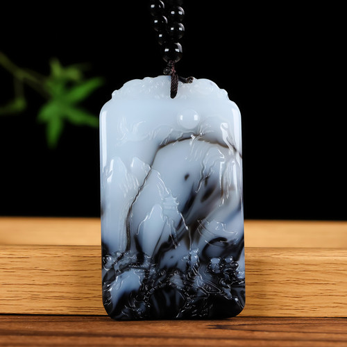 天然和田玉青花玉山水牌手把件大好河山大号平安牌挂件把玩件