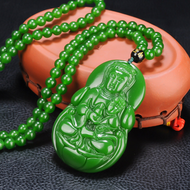 和田玉观音吊坠菠菜绿碧玉莲花玉观音挂件男士观音项链挂坠包邮