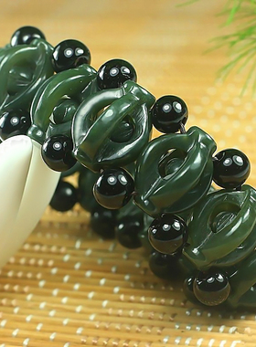 天然正品新疆和田玉青玉时来运转手链精雕镂空男女款玉石手串手排