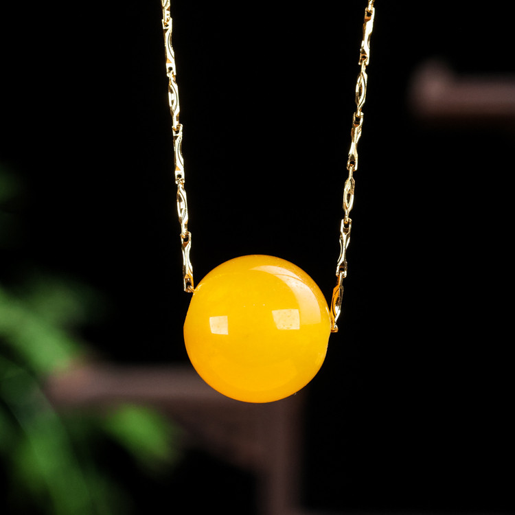 和田玉黄玉圆珠吊坠幸运玉石圆珠女款项链挂坠锁骨链新疆玉器