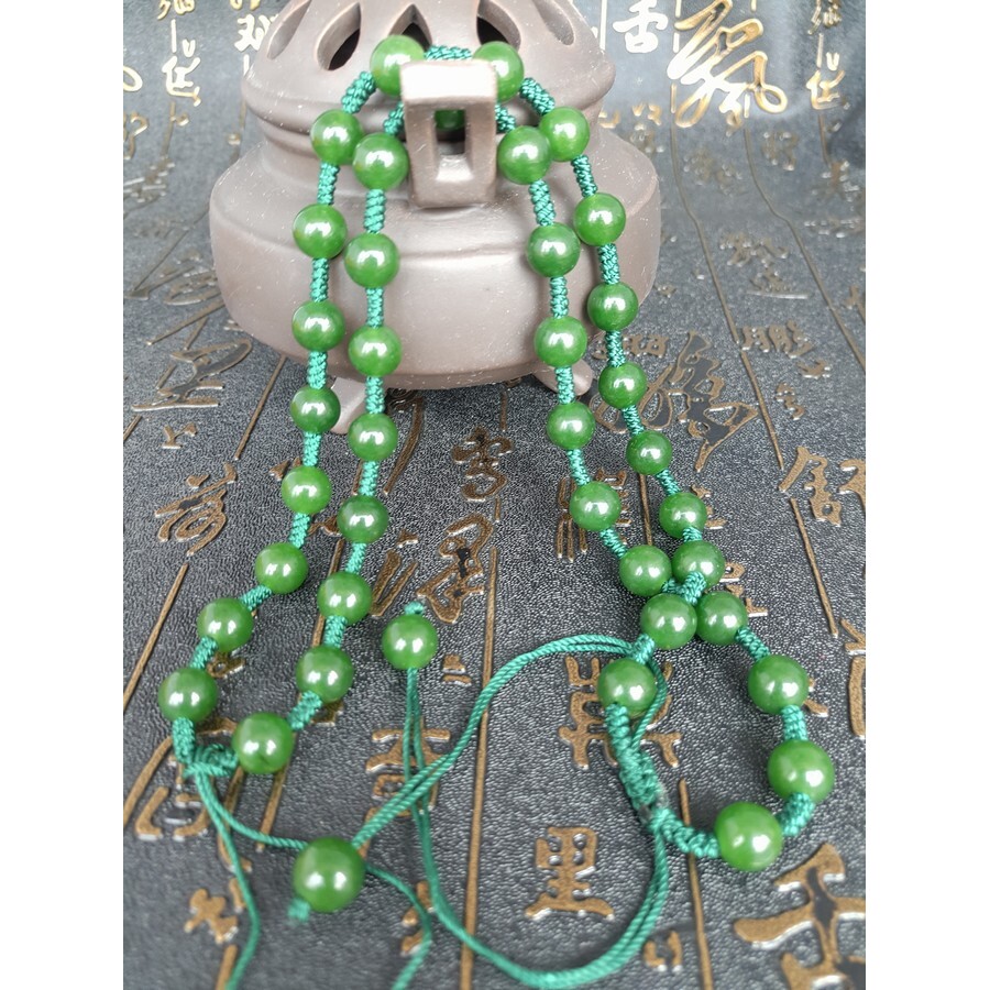 和田碧玉圆珠项链 碧玉珠链 圆珠玉链子 菠菜绿男女款 玉挂绳链子