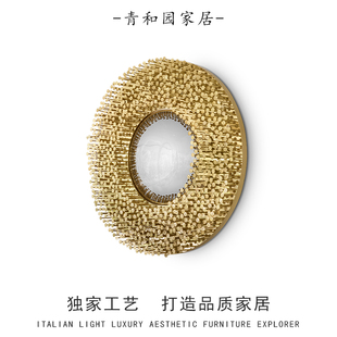 葡萄牙轻奢纯铜装 客厅墙面悬挂玄关镜别墅高级感圆镜 饰镜设计师款