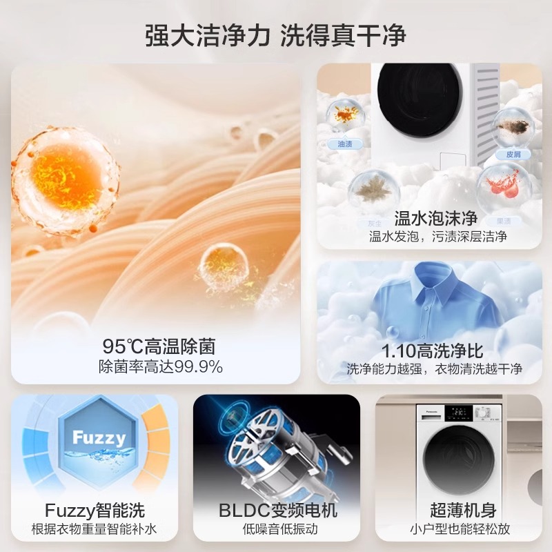 松下大白洗衣机10KG滚筒超薄大容量家用全自动节能除菌变频F1R3