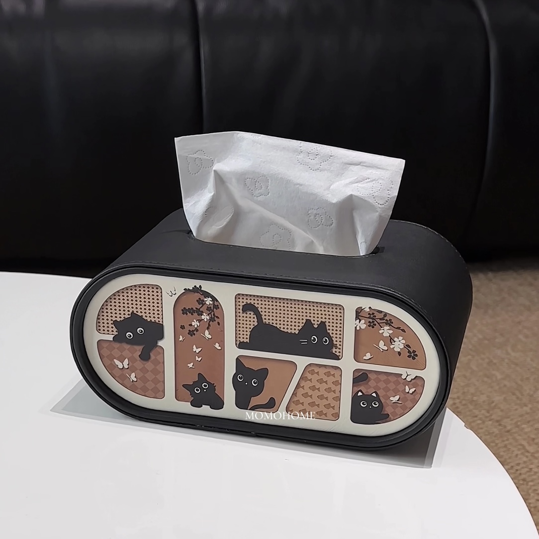 MOMO椭圆形皮革抽纸盒猫咪图案家用客厅高颜值桌面轻奢收纳纸巾盒