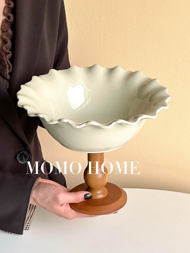 MOMO HOME家居花瓣边高脚水果盘水果碗客厅实木家用茶几干果盘