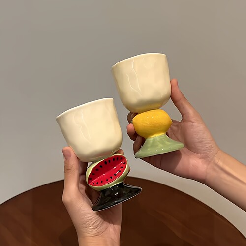 MOMO水果冰淇淋高脚杯家用创意小众设计陶瓷水杯西瓜柠檬高档马克