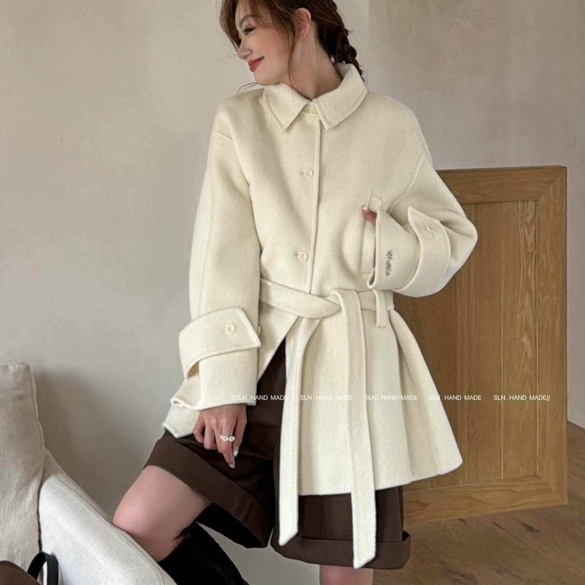 LN-爆款推荐大牌简约中长款羊毛外套(配腰带)（含100羊毛）708801