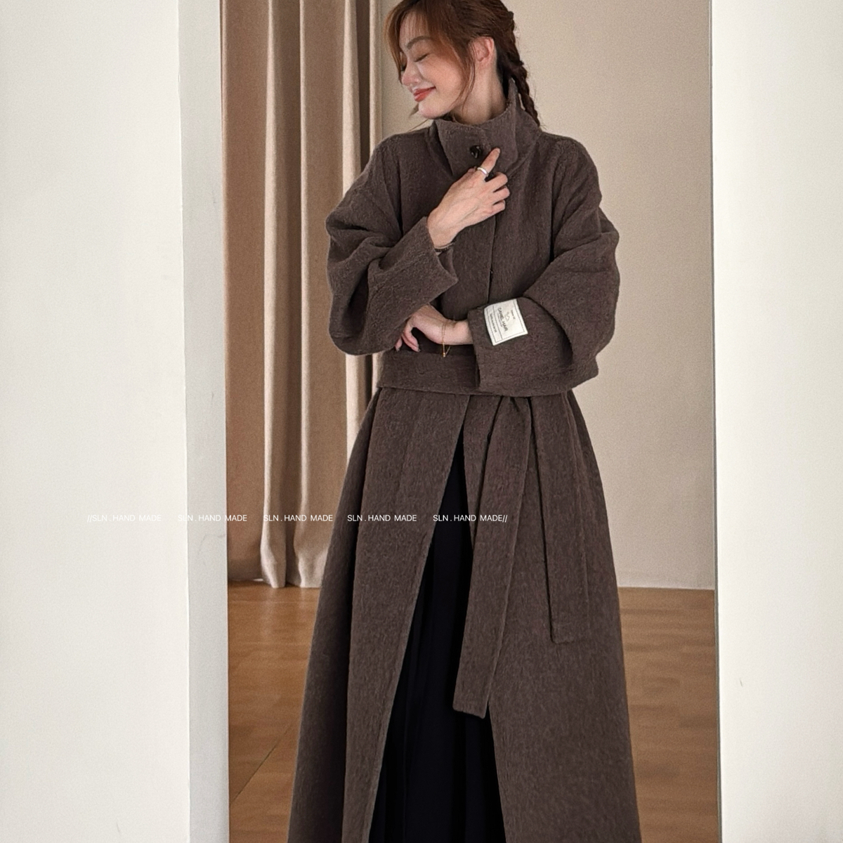 LN-立领腰带长款羊毛外套(配腰带)（含90羊毛）(10骆驼绒)L711811