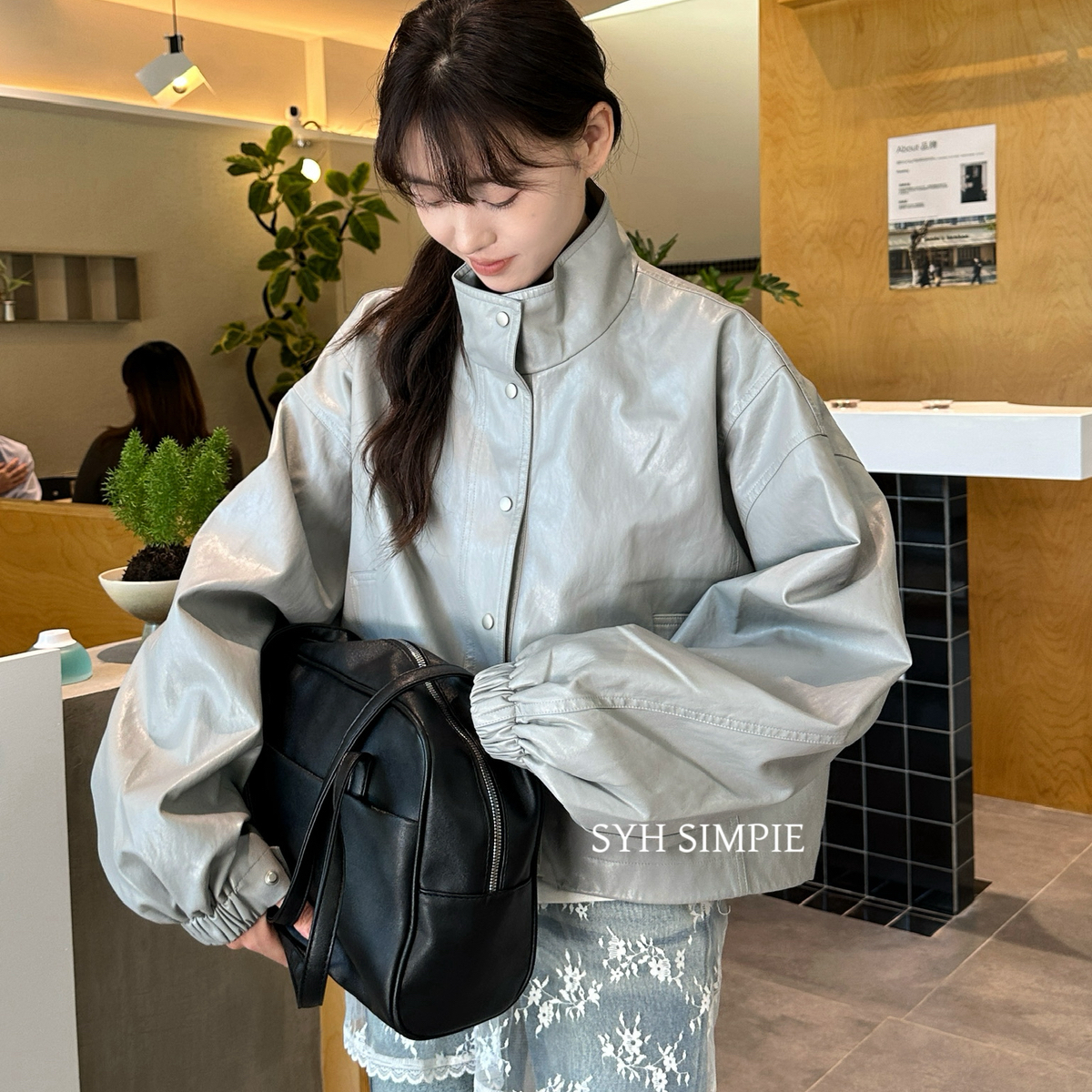 YH SIMPLE约时尚百搭长袖夹克皮衣外套（下摆抽绳）皮衣YS18832