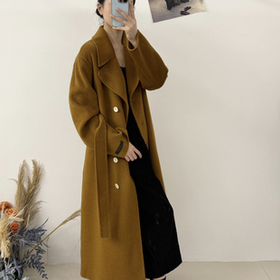 BEE 含95羊毛 韩系设计感翻领长款 配腰绳 102024 羊毛外套