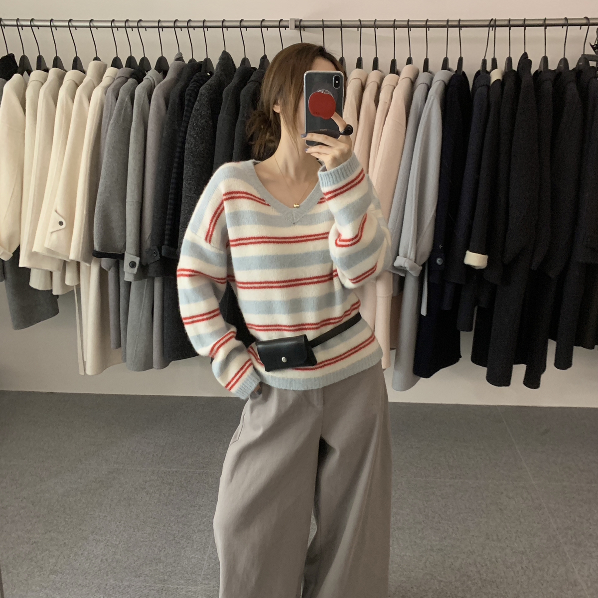 noodle面条家-v领条纹简约宽松百搭保暖毛衣（含100羊毛）N10019