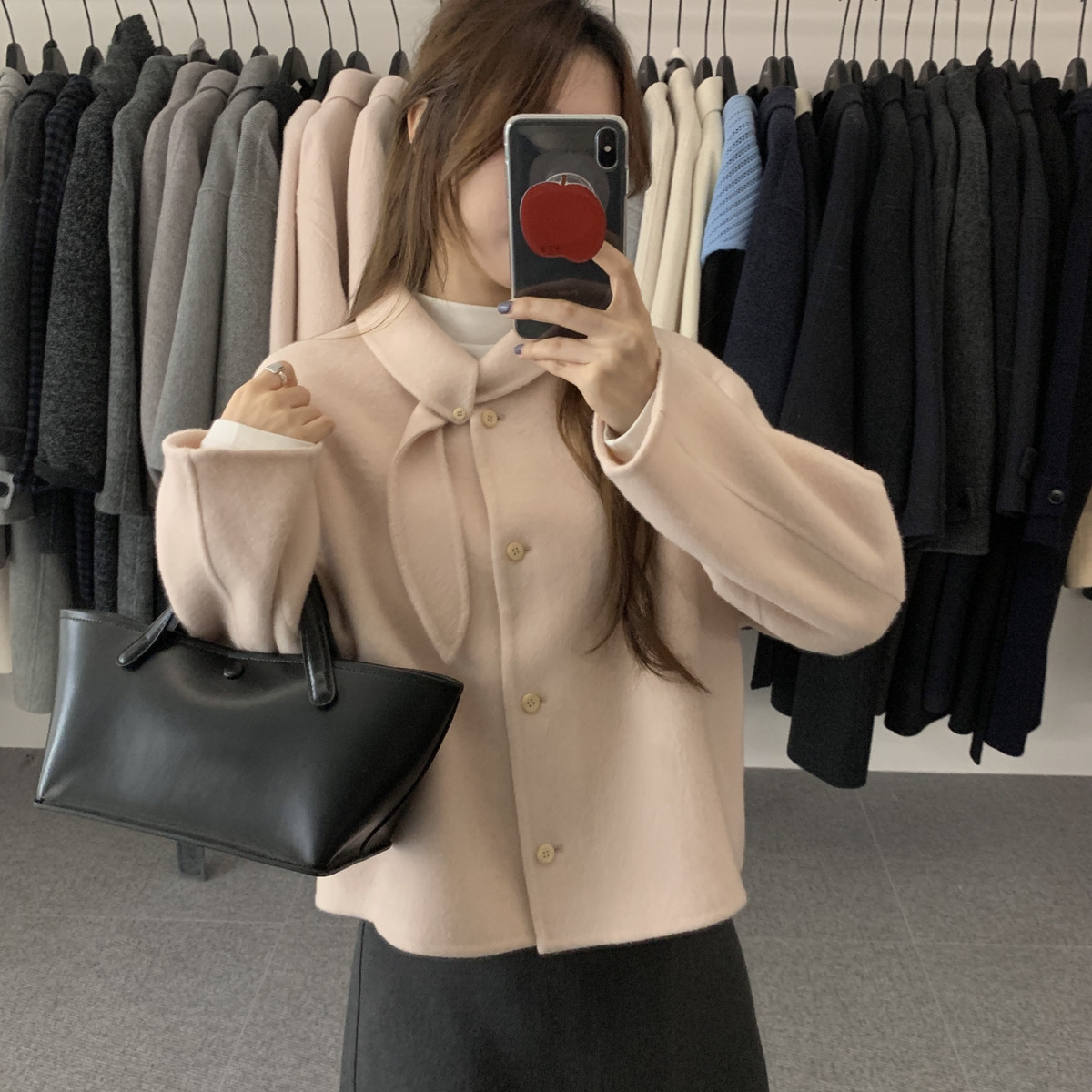 noodle面条家-翻领设计简约气质短款甜美羊毛外套(配飘带)N81032