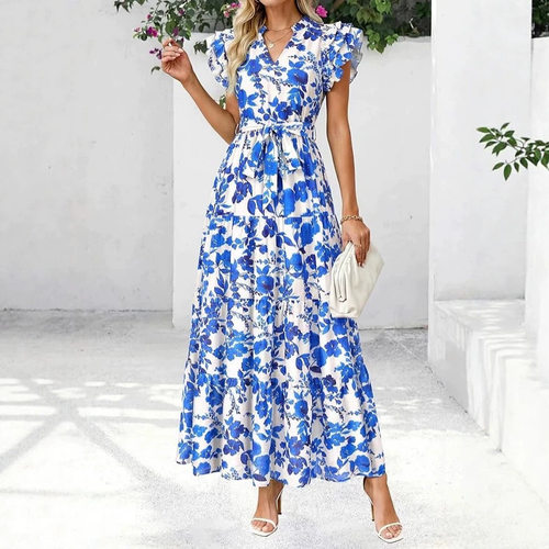 V领印花荷叶边袖连衣裙 V-neck printed ruffled sleeve dress
