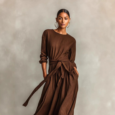 Round neck long sleeved lace up dress  圆领长袖系带连衣裙