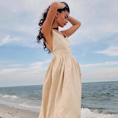 Strap up backless suspender long skirt V领绑带露背吊带长裙女