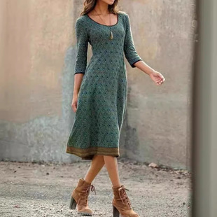 Round neck slim fit printed dress forwomen圆领修身印花连衣裙