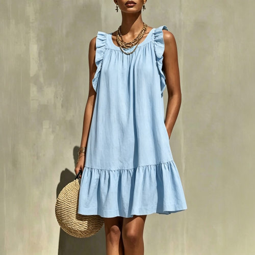 圆领飞飞袖连衣裙女Round neck flying sleeve dress for women