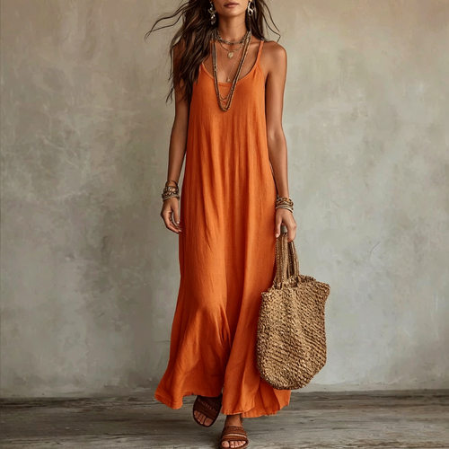 低领无袖连衣长裙女Low neck sleeveless long dress for women