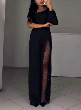 Sexy slanted shoulder high slit jumpsuit性感斜肩高开衩连体裤