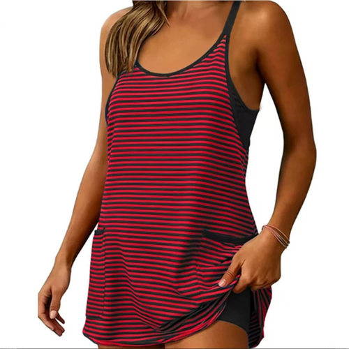 条纹无袖口袋休闲连衣裙Striped Sleeveless Pocket Casual Dress