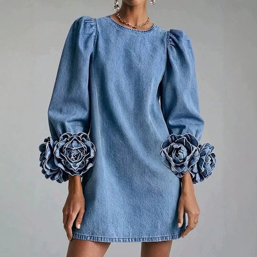 Round neck bubble sleeve casual dress圆领泡泡袖休闲连衣裙