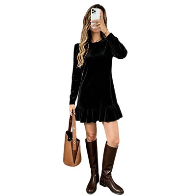 Ruffled round neck casual dress    荷叶边圆领休闲连衣裙女