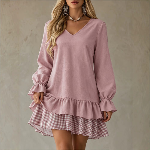 Ruffle edge patchwork plaid dress    荷叶边拼接格纹连衣裙