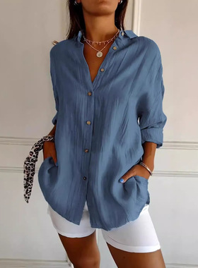 Solid color collared sleeveless shirt纯色单排扣翻领挽袖衬衫