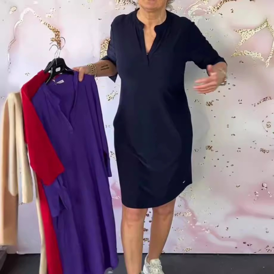 Solid color V-neck mid length dress女士纯色V领中长裙连衣裙