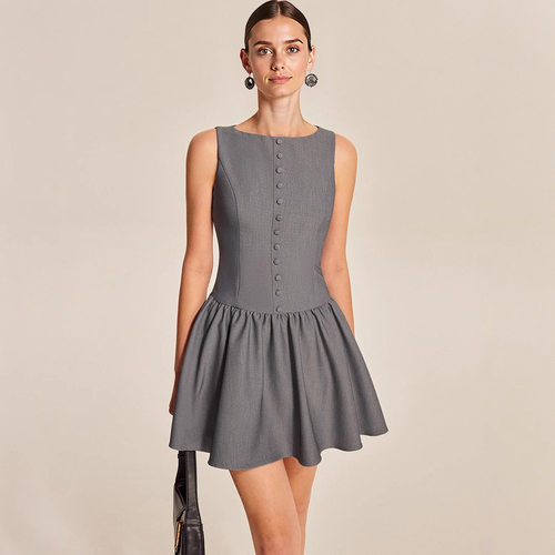 Sleeveless button up ruffle edge dress无袖纽扣荷叶边连衣裙
