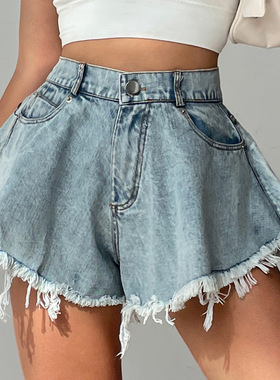2022 Ladies High Waist Loose Tassel Denim Shorts流苏牛仔短裤
