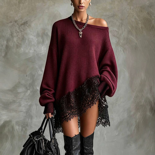 Lace patchwork diagonal collar dress   蕾丝拼接斜领连衣裙