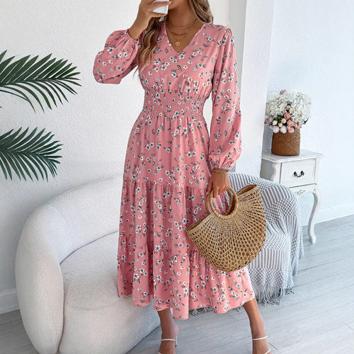 V-neck waist cinched ruffle edge dress V领收腰荷叶边连衣裙