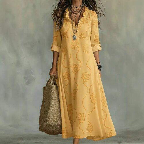 Printed long sleeved plus size dress  印花长袖大码连衣裙女