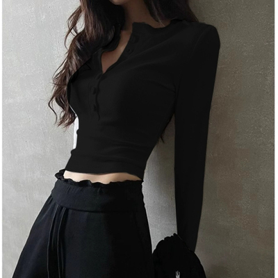 辣妹黑色v领长袖内搭打底衫女秋冬季纯棉正肩t恤修身紧身短款上衣