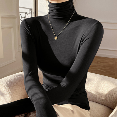 莫代尔黑色高领打底衫女春秋冬内搭洋气针织加绒长袖上衣2025新款