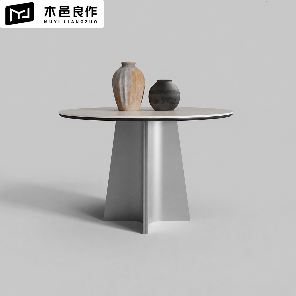 德利丰不锈钢洞石岩板圆餐桌家用小户型包豪斯饭桌极简轻奢餐台