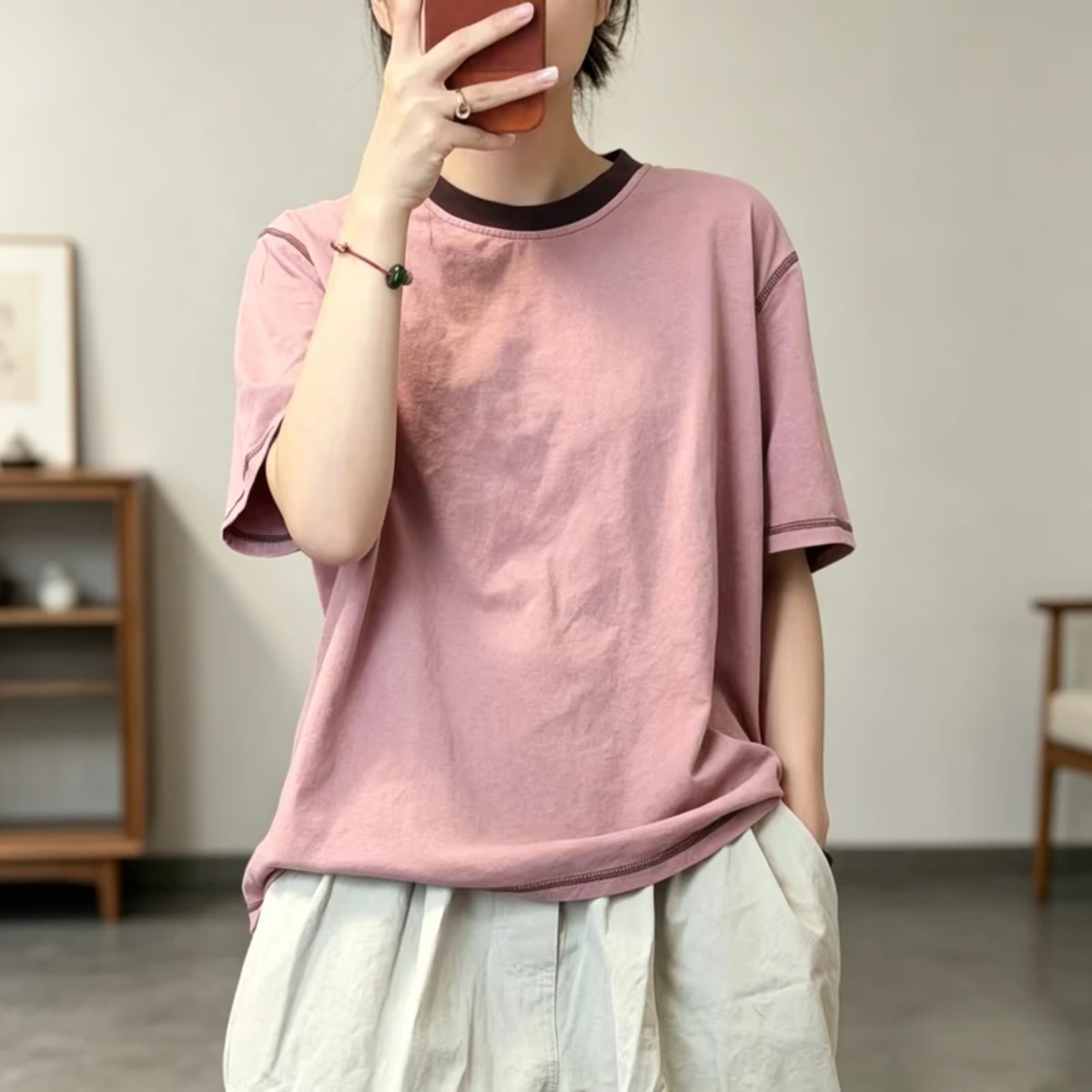 米朵儿原创服饰夏季女时尚洋气宽松撞色圆领短袖T恤显瘦百搭上衣