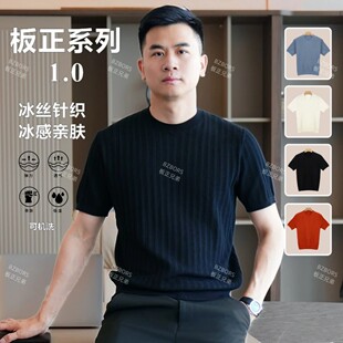 Bing哥哥男装板正肌理感竖纹纯色圆领短袖上衣男夏季透气针织款