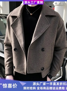 SYF原创男装馆短款毛呢大衣潮流宽松双排扣呢子风衣男英伦外套
