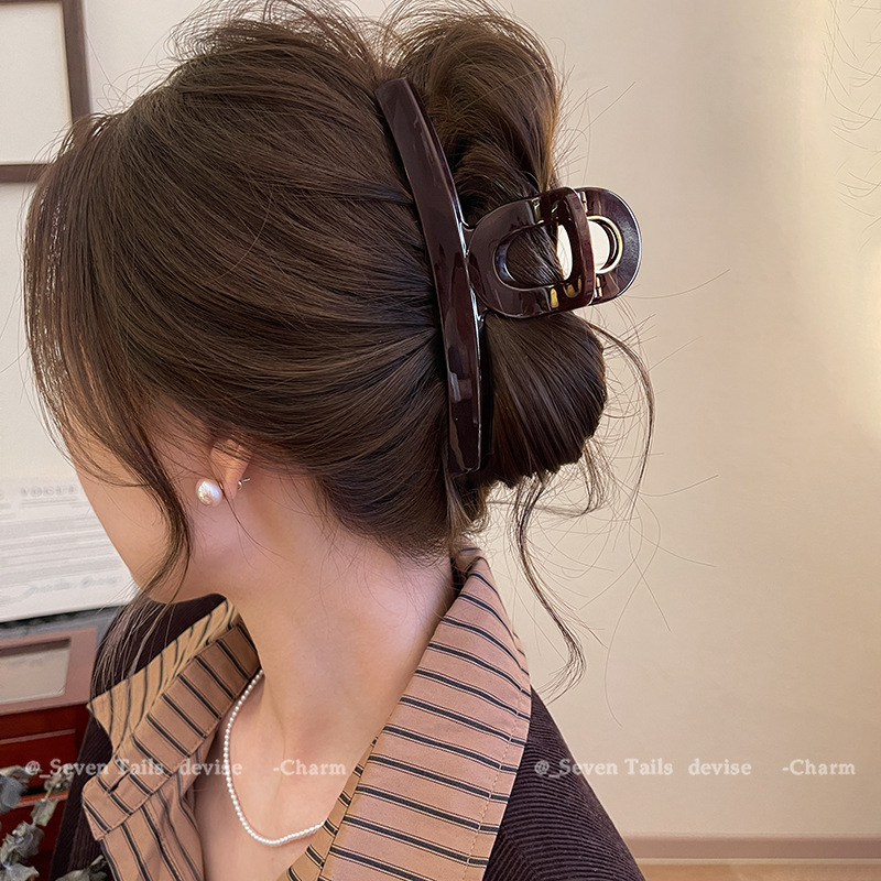 亮面巧克力红棕色抓夹简约轻奢高级感盘发发夹女后脑勺大号鲨鱼夹